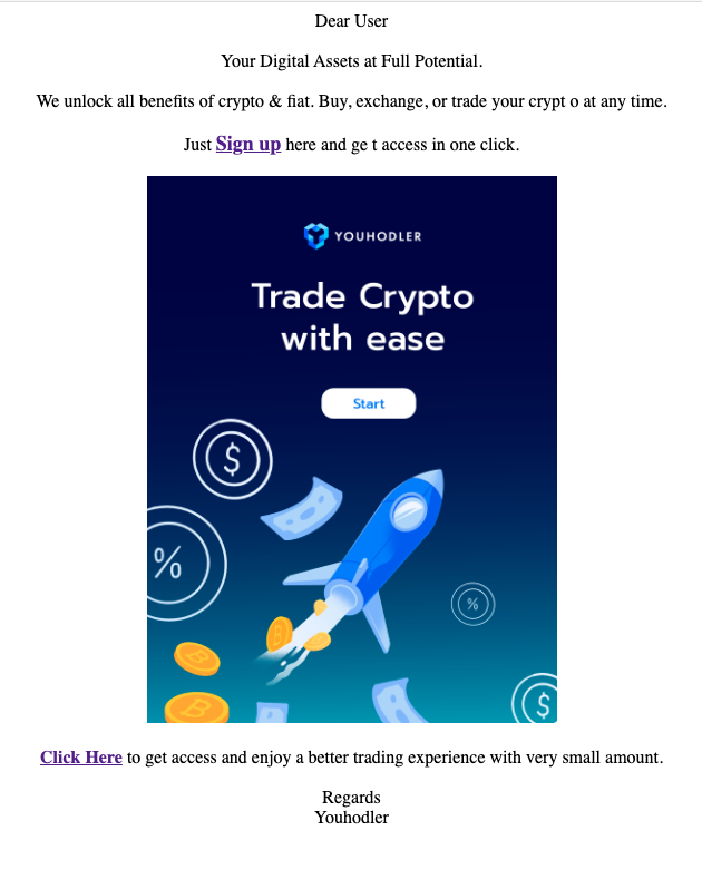 Skjermbilde av spam fra youhodle.com. Litt av teksten: Trade crypto with ease ... We unlock all benefits of crypto & fiat