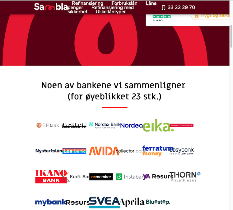 Skjermbilde fra Sambla group sin webside - oversikt over banker de sammenligner med